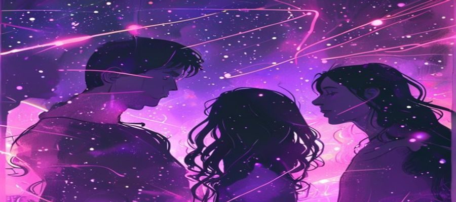 二次元动漫风格插图，描绘深紫色星空背景下三个剪影人物的情感纠葛，霓虹粉紫光线交织，表现NTR叙事的张力与复杂情感